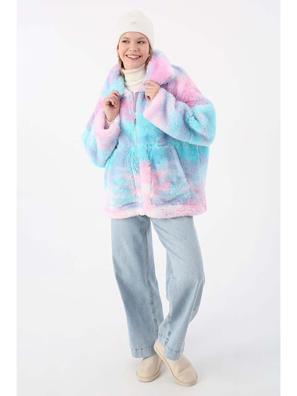 Pembe Mavi Pelüş Fermuarlı Mont