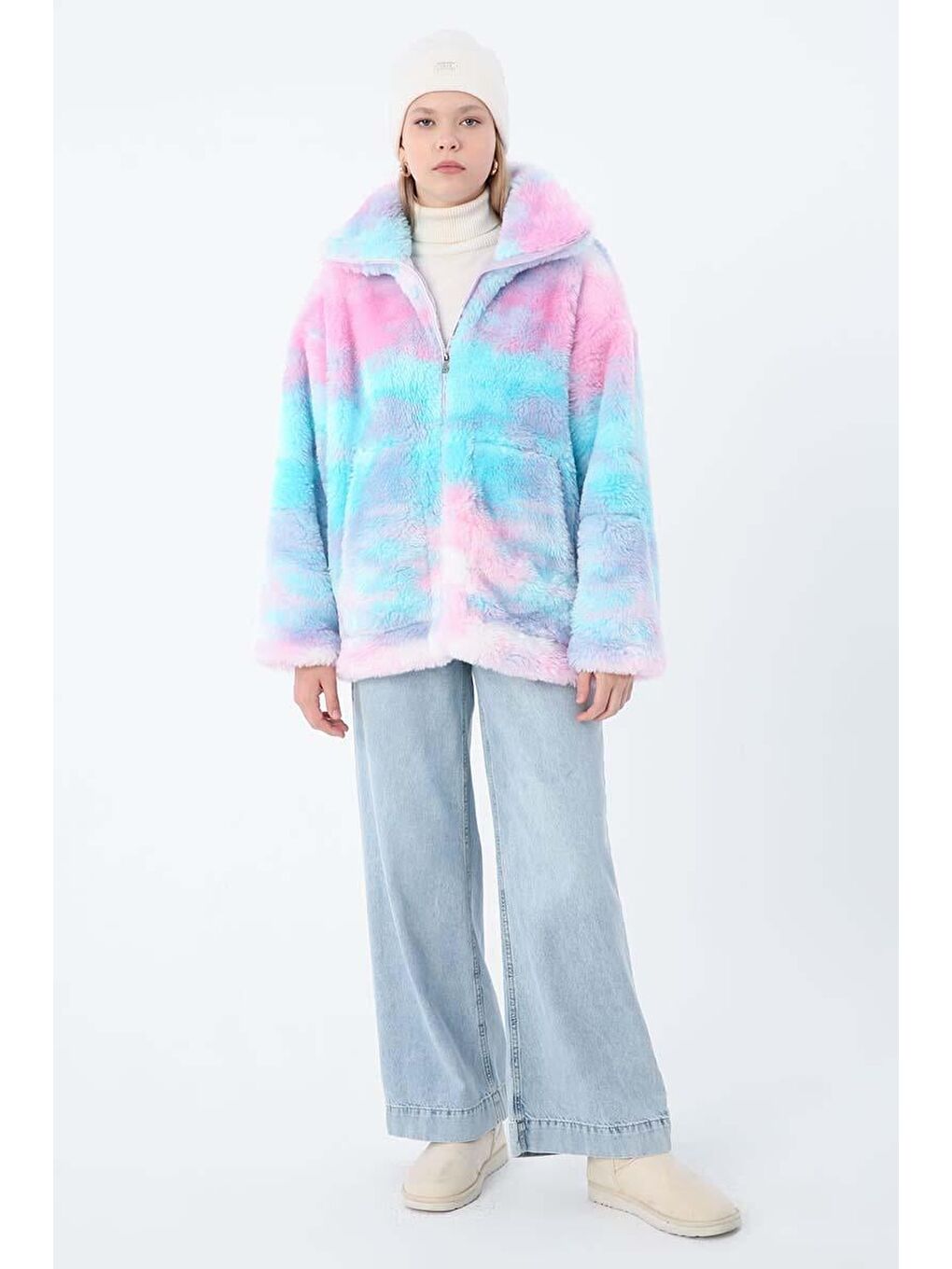 Pembe Mavi Pelüş Fermuarlı Mont-1