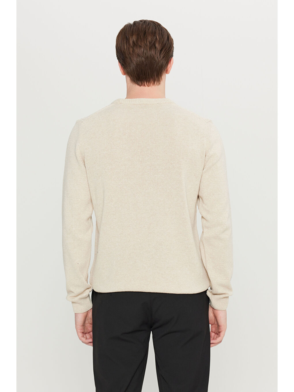 Erkek Açık Bej Pamuklu Standart Fit Normal Kesim Bisiklet Yaka Jakarlı Triko Kazak-4