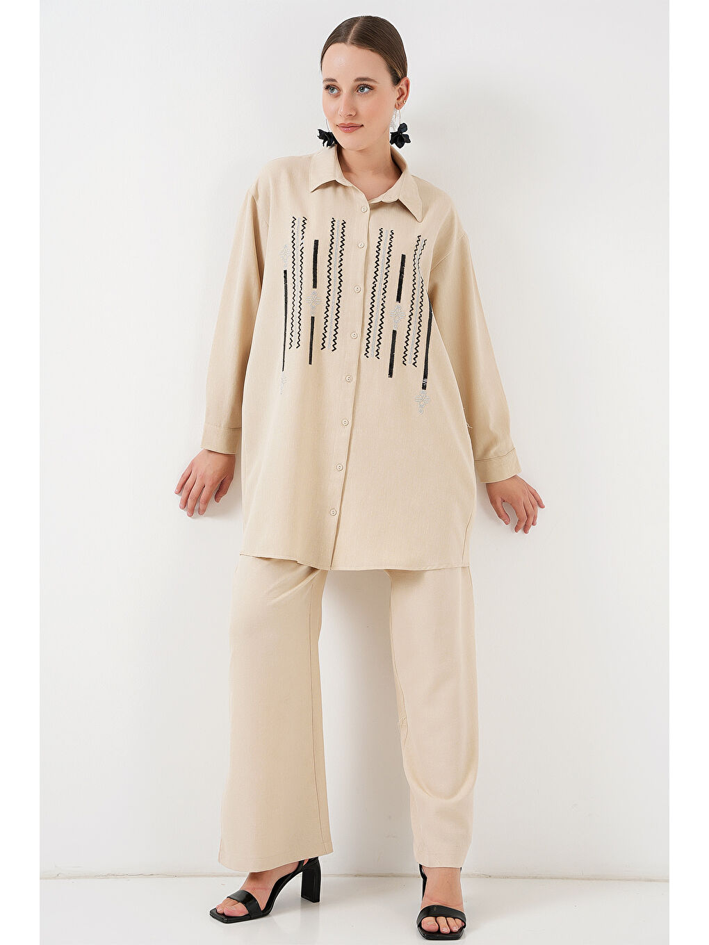 Ekru Desenli Tunik Pantolon İkili Takım 6720 - Krem-2