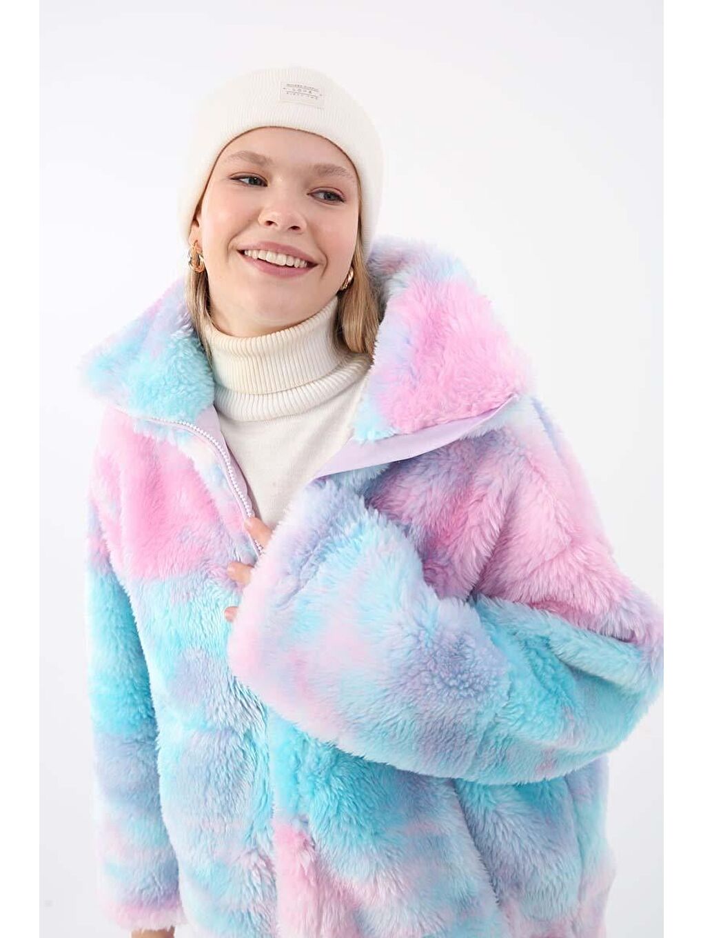 Pembe Mavi Pelüş Fermuarlı Mont-4