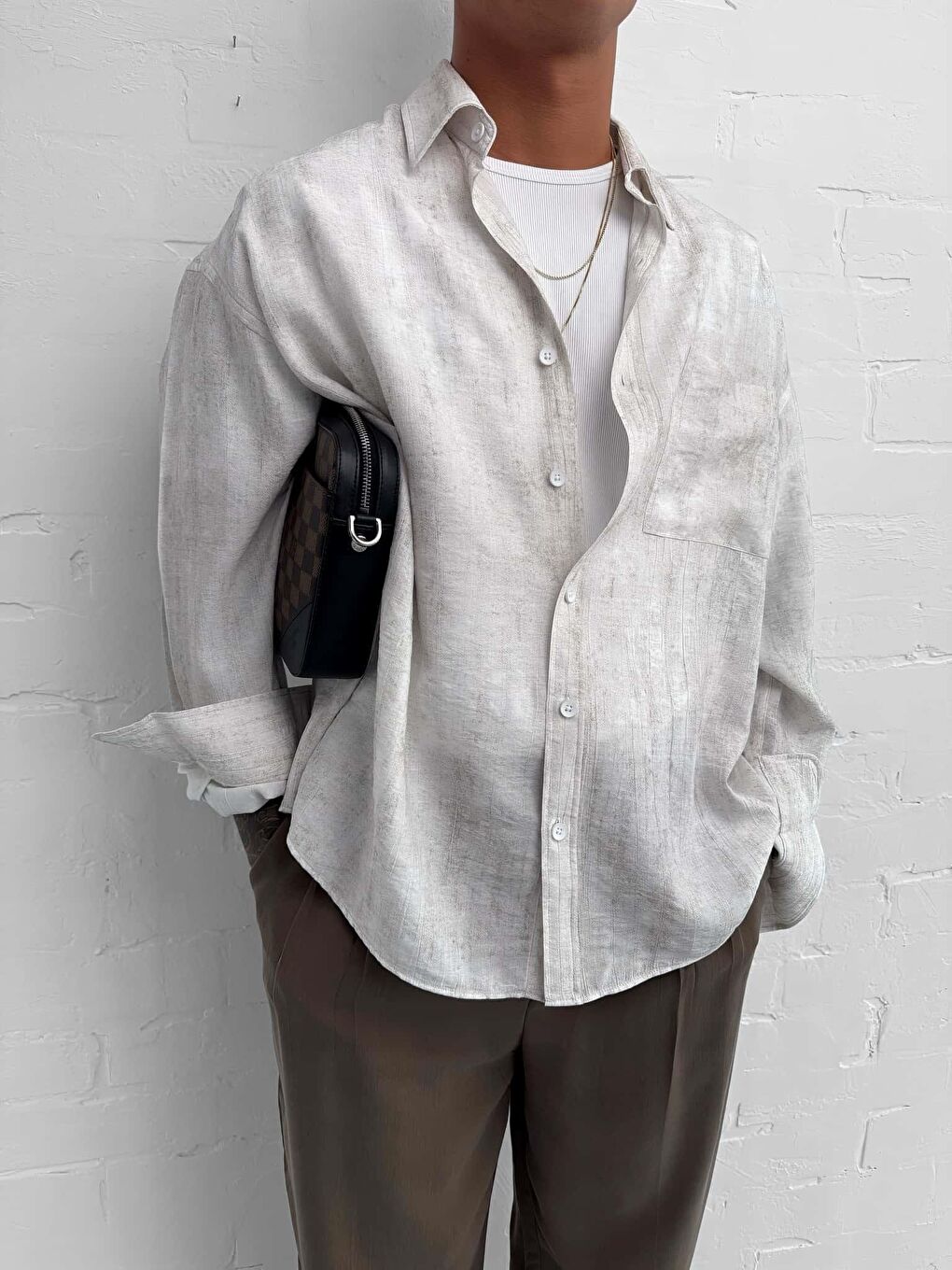 Erkek Dokulu Desenli Oversize Rahat Gömlek Ekru-1