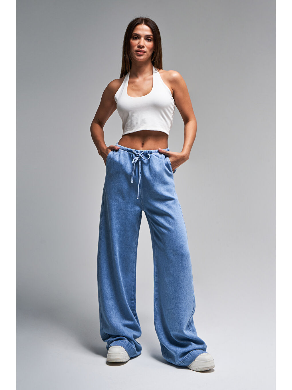 Mavi Kadın Jean Rengi 1s5-4 Beli Lastikli Süper Palazzo Fit %100 Pamuk Denim Jean-1