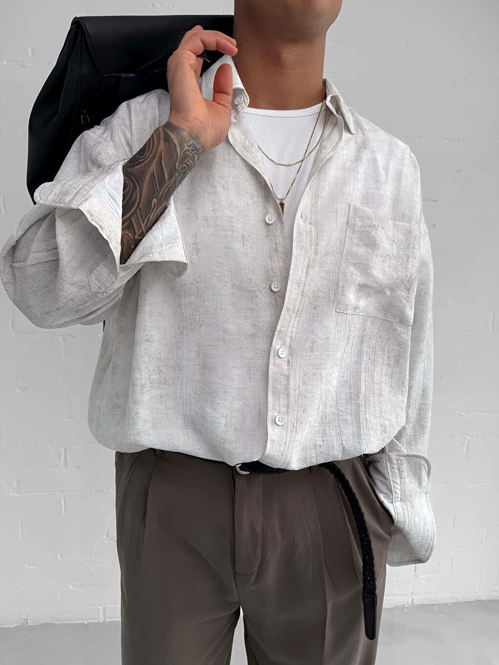 Erkek Dokulu Desenli Oversize Rahat Gömlek Ekru-3