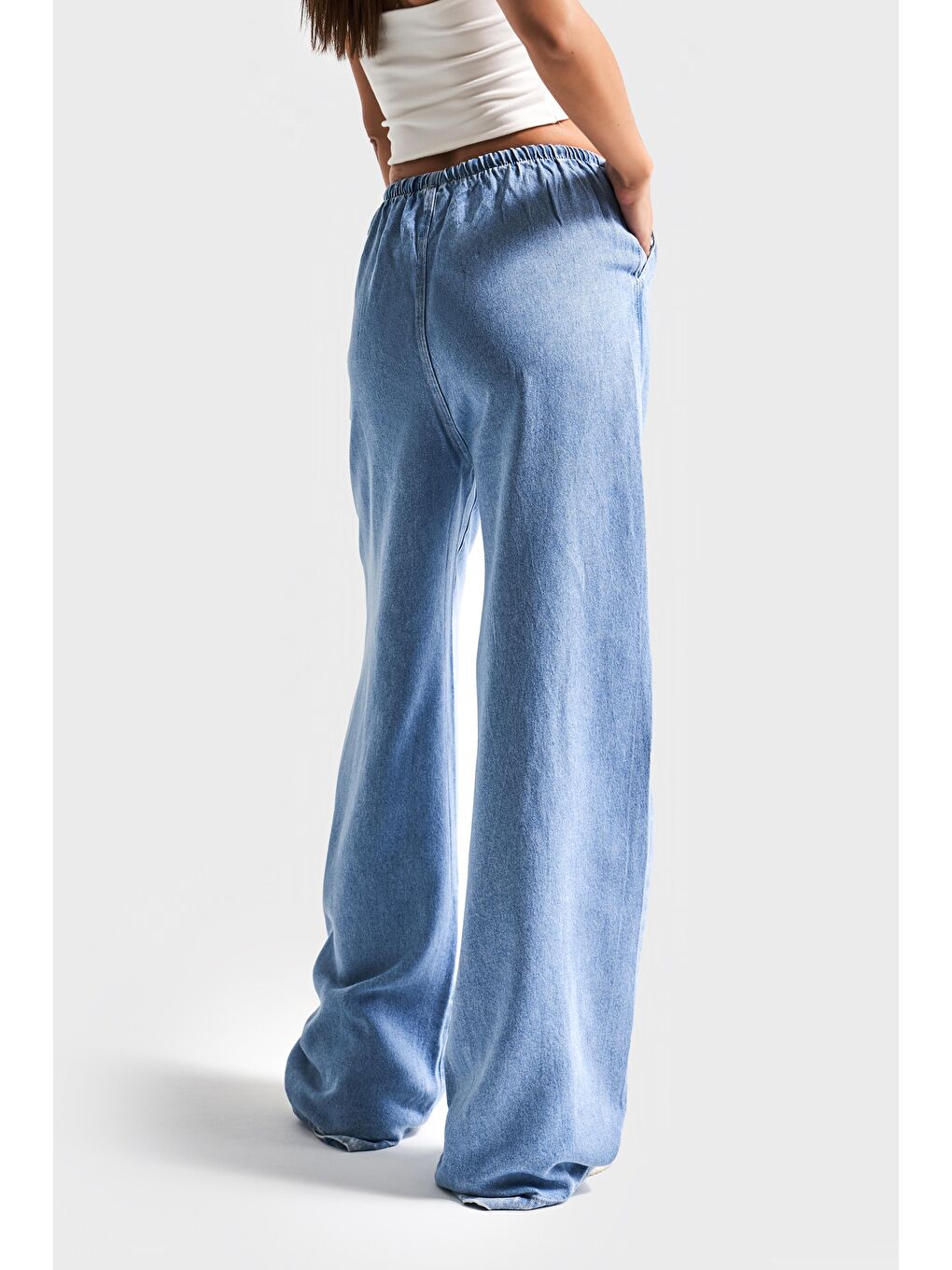 Mavi Kadın Jean Rengi 1s5-4 Beli Lastikli Süper Palazzo Fit %100 Pamuk Denim Jean-3