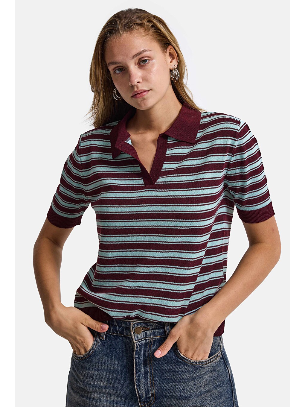 Kadın Bordo Çizgili W6-35 Oversize Polo Yaka Triko-3