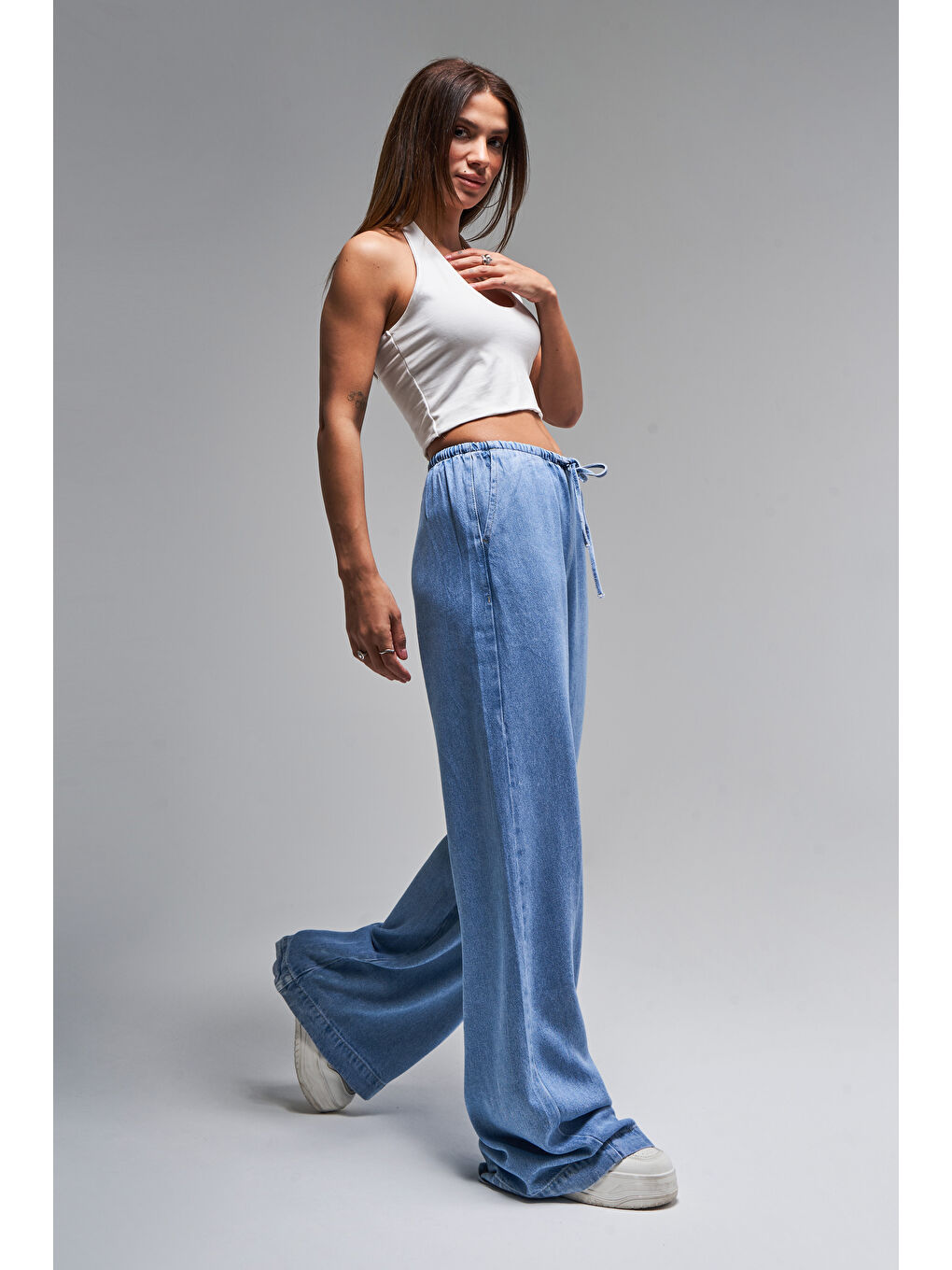 Mavi Kadın Jean Rengi 1s5-4 Beli Lastikli Süper Palazzo Fit %100 Pamuk Denim Jean-4