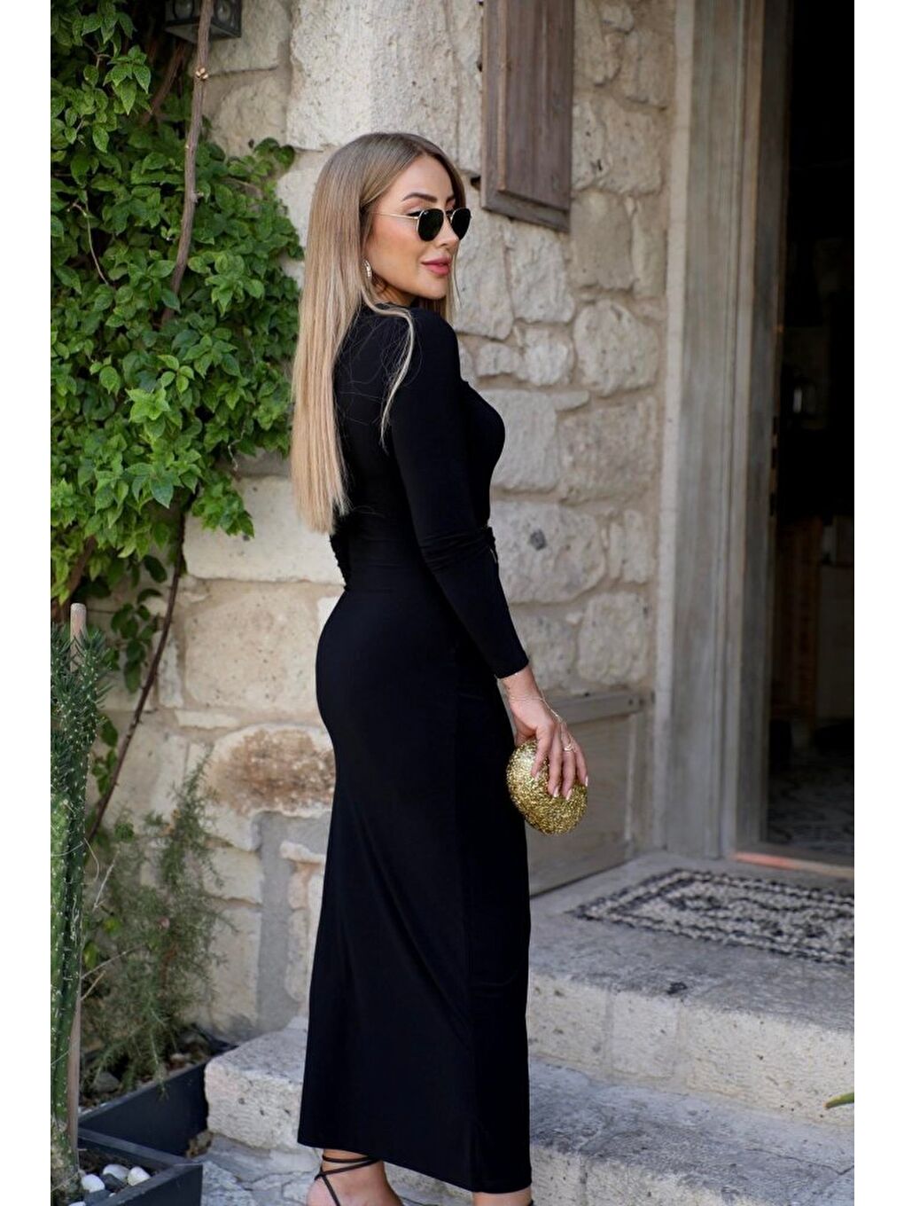 Siyah Kadın Uzun Kollu önden çapraz Detaylı Yandan Toka Detaylı Uzun Sandy Elbise-2