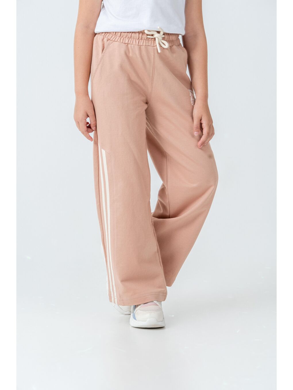 Pembe Yanlar Grogren Şeritli Bol Paça Önü Baskılı Kız Çocuk Eşofman Altı-1