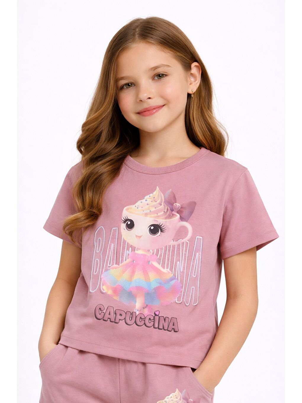 Pembe Gül Kurusu Sevimli Capuccina Baskılı Kız Çocuk Şortlu 2li Takım 23891-2