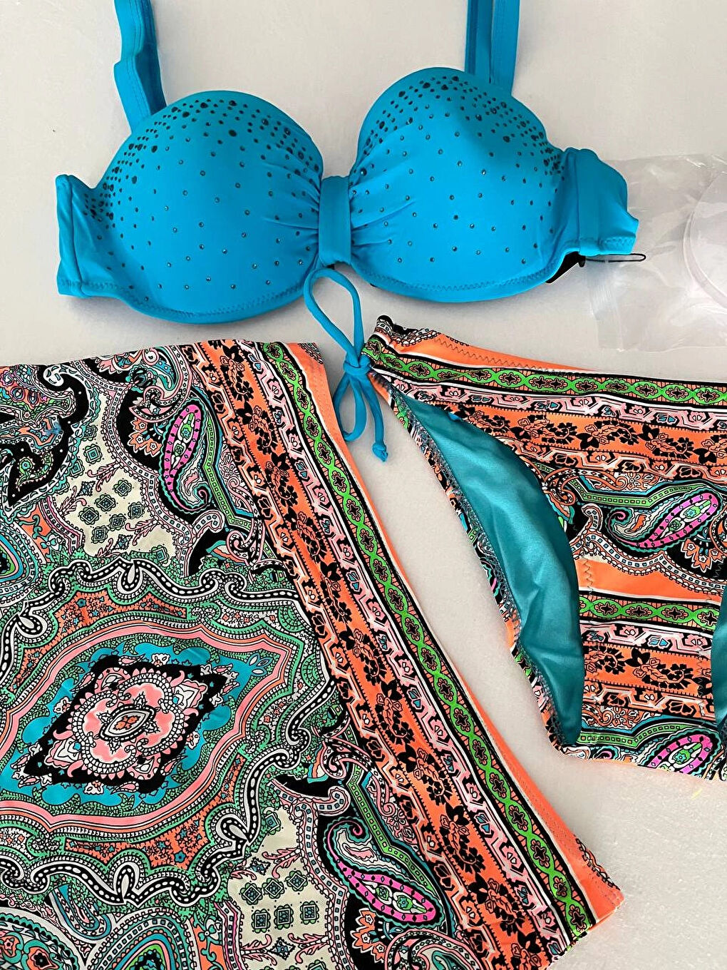 Kadın Mavi Taş İşlemeli Desenli 3 Parça Bikini Takım HZL25S-LC3326-2