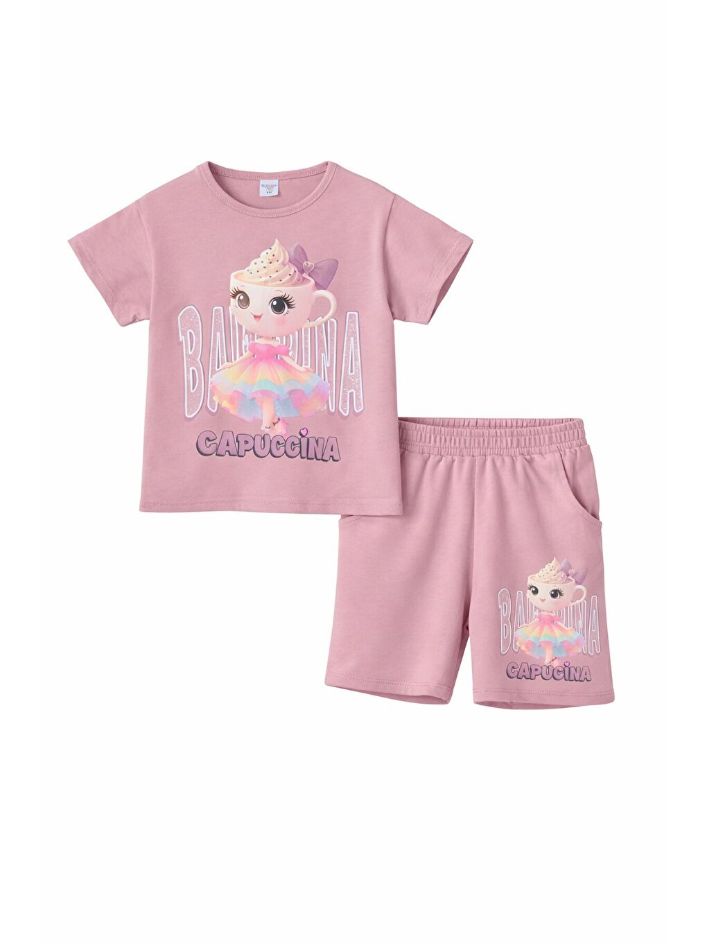 Pembe Gül Kurusu Sevimli Capuccina Baskılı Kız Çocuk Şortlu 2li Takım 23891-4