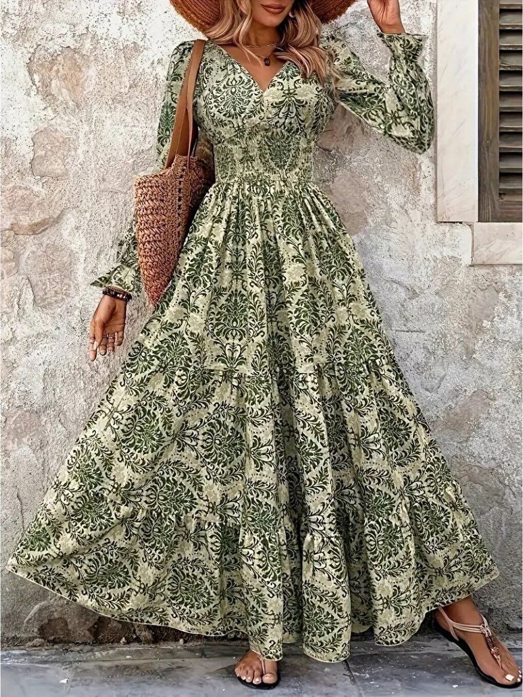 Yeşil Kadın Uzun Kollu V Yakalı Desenli Süprem Elbise