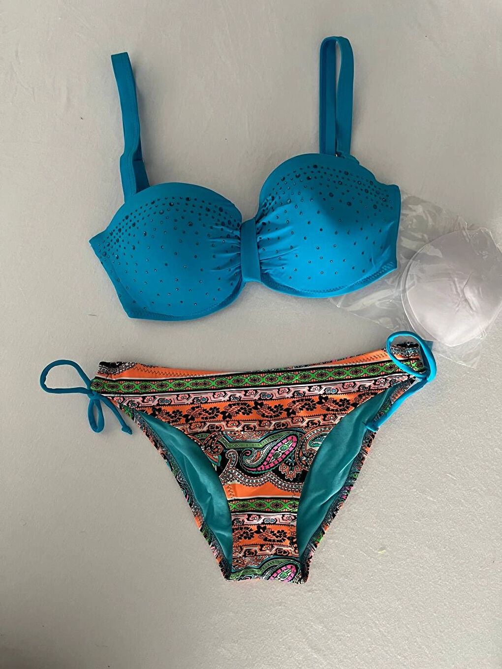 Kadın Mavi Taş İşlemeli Desenli 3 Parça Bikini Takım HZL25S-LC3326-3