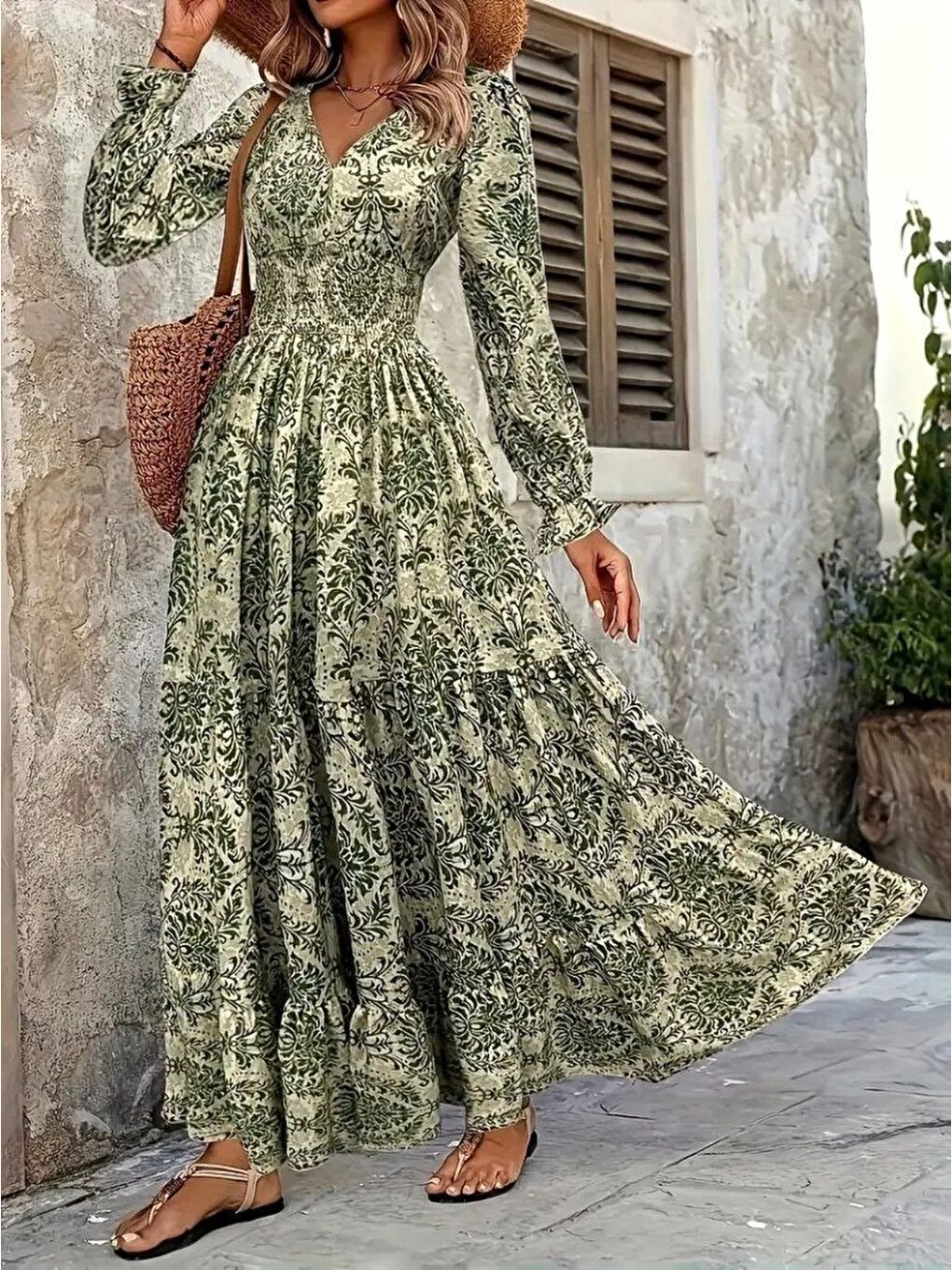 Yeşil Kadın Uzun Kollu V Yakalı Desenli Süprem Elbise-1