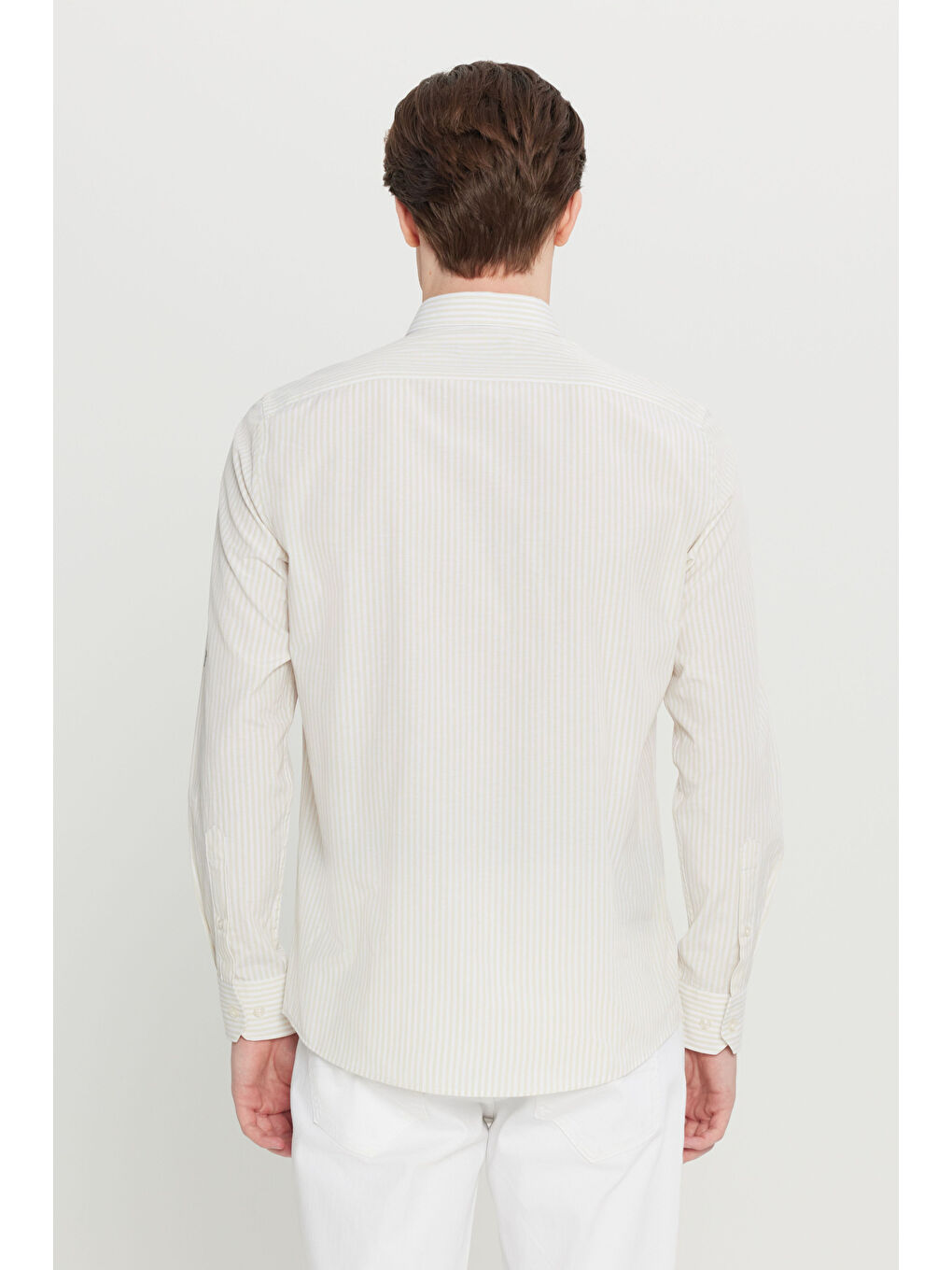 Erkek Beyaz-Bej Pamuklu Tailored Slim Fit Dar Kesim Düğmeli Klasik Yaka Çizgili Gömlek-4