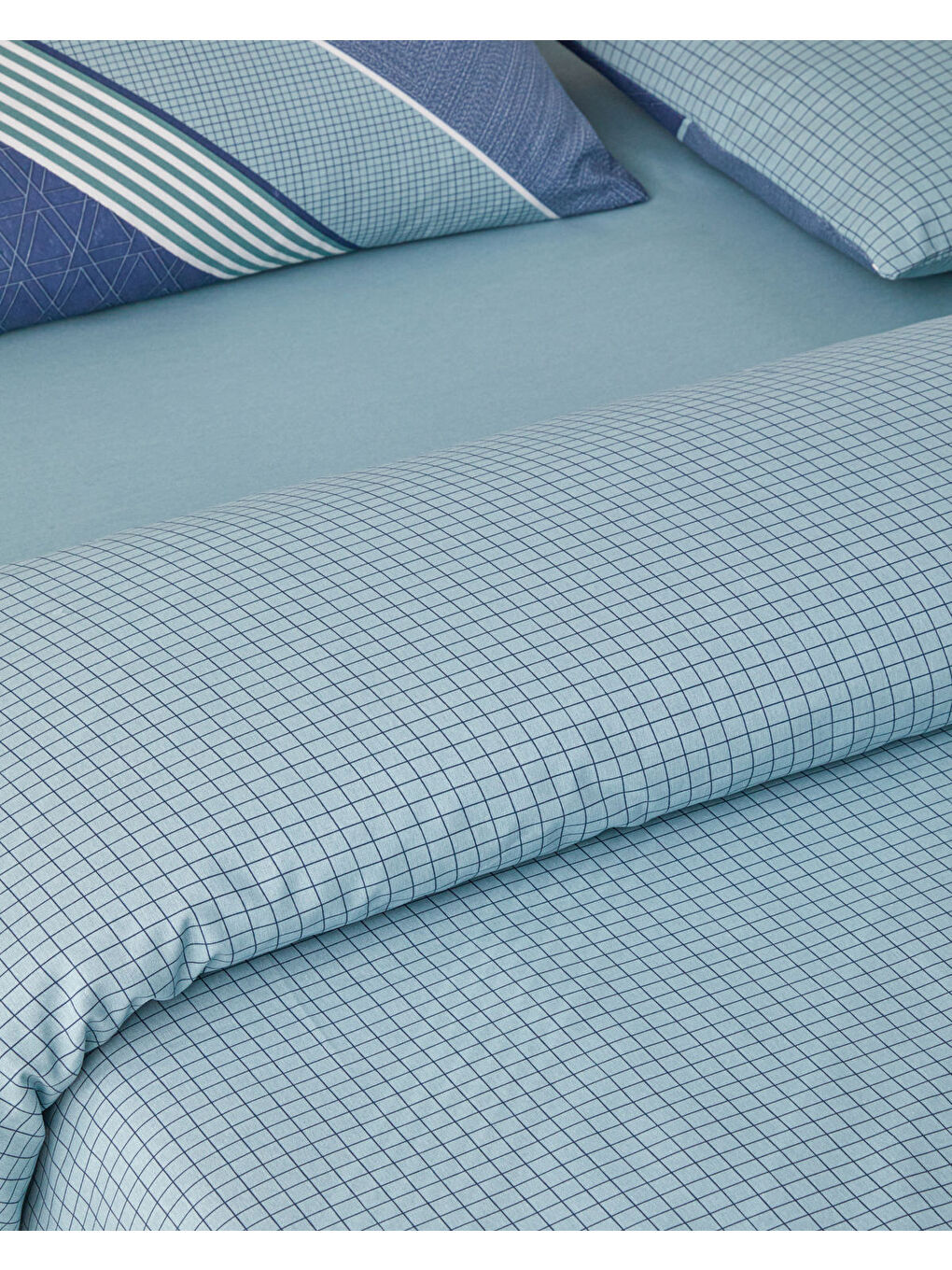 Parallel Patch Kolay Ütülenir Tek Kişilik Nevresim Takımı 160x220 cm Koyu Mavi-Seledon-2