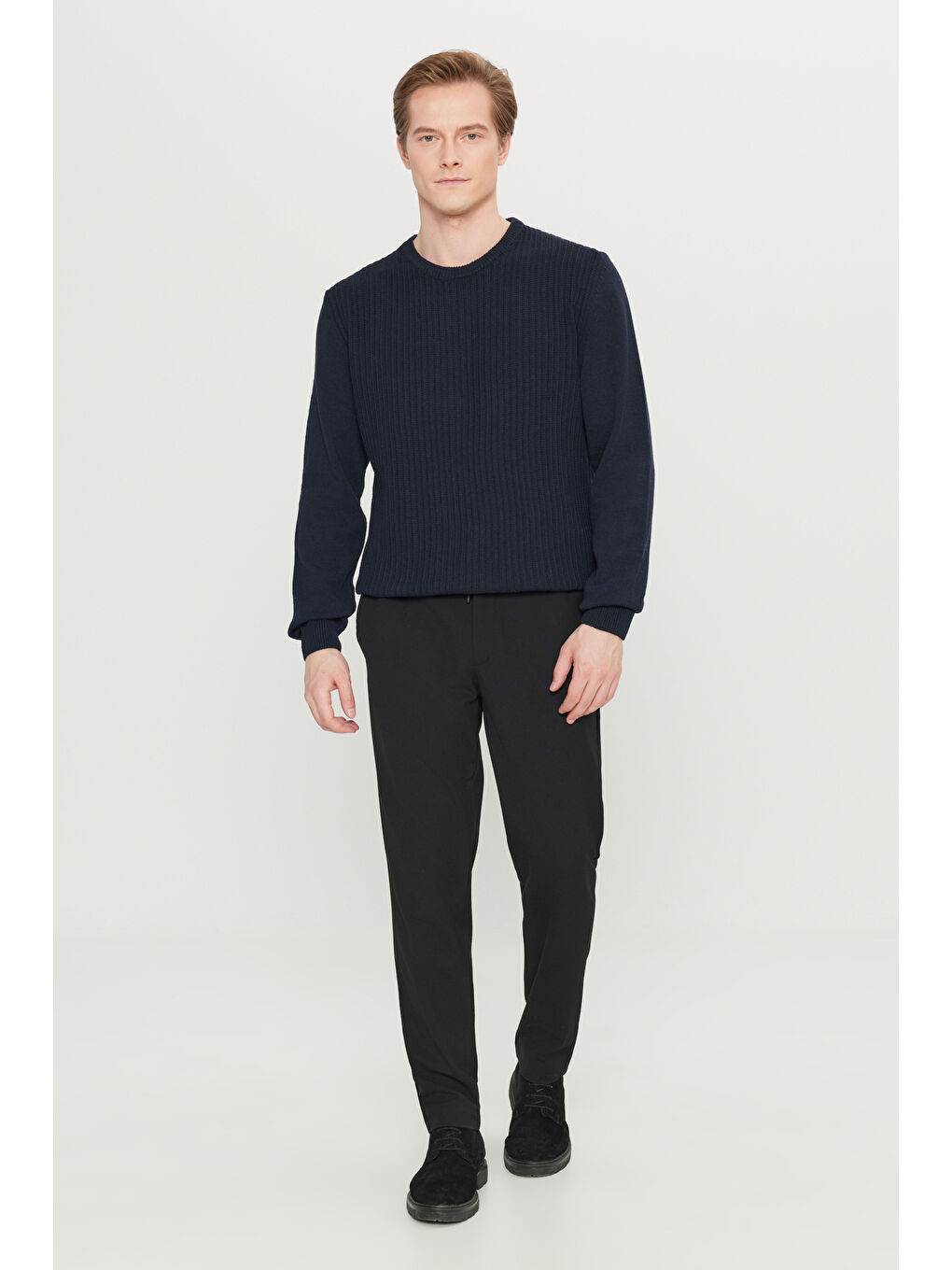 Erkek Lacivert Pamuklu Standart Fit Normal Kesim Bisiklet Yaka Jakarlı Triko Kazak-1