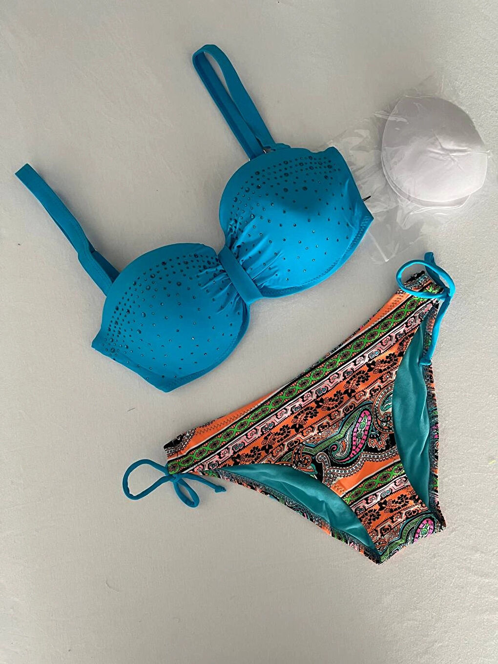 Kadın Mavi Taş İşlemeli Desenli 3 Parça Bikini Takım HZL25S-LC3326-4