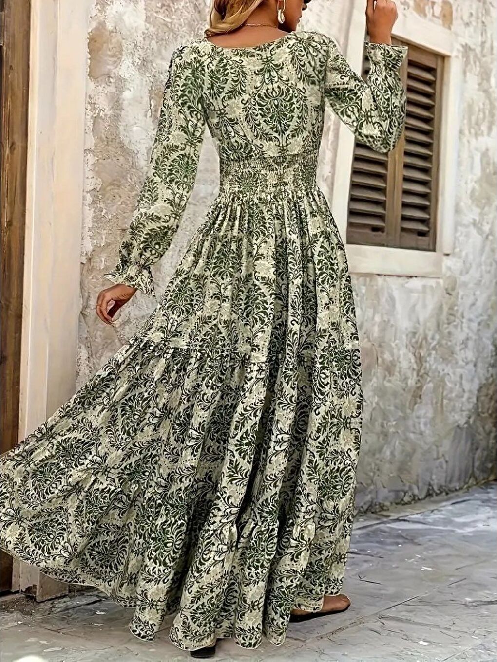 Yeşil Kadın Uzun Kollu V Yakalı Desenli Süprem Elbise-4