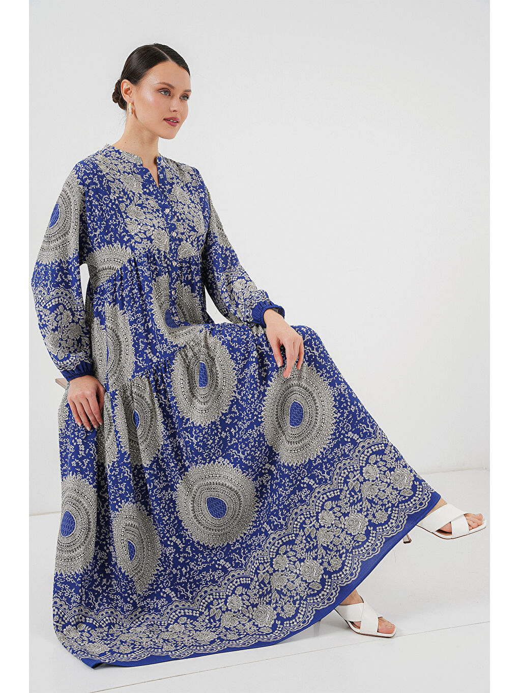 Mavi 2423 Otantik Desenli Tesettür Elbise - Saks 4-1