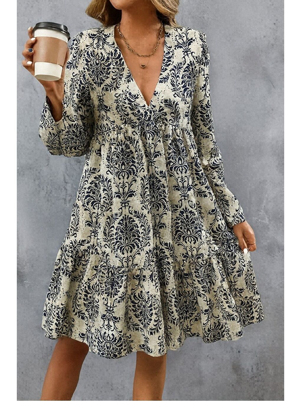 Lacivert Kadın Uzun Kollu V Yakalı Fırfırlı Mini Süprem Elbise