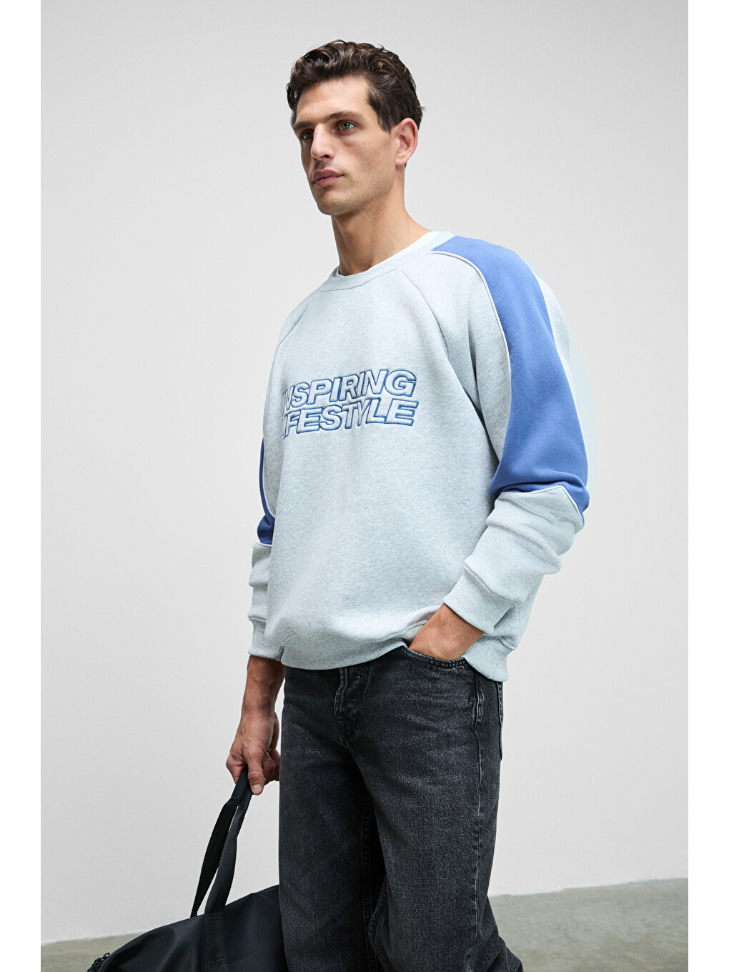 Hercules Erkek Bisiklet Yaka Önü Nakışlı Kolları Biyeli Gri Melanj Sweatshirt-2