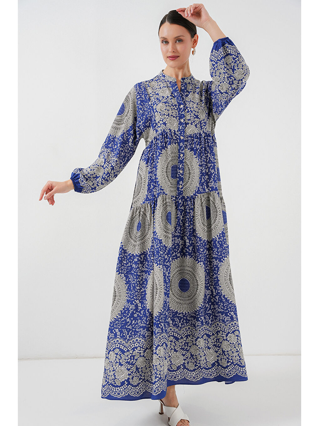 Mavi 2423 Otantik Desenli Tesettür Elbise - Saks 4-2