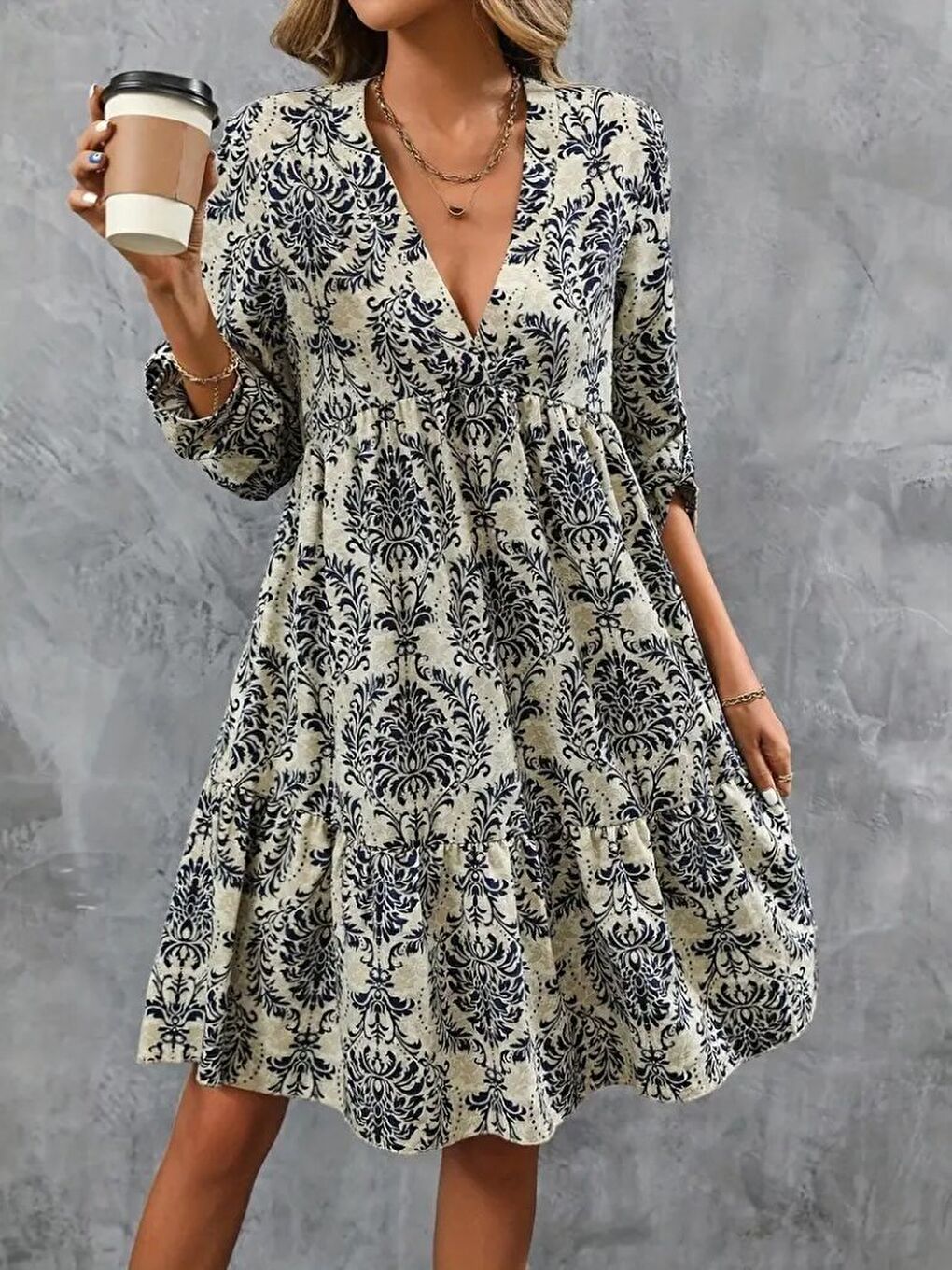 Lacivert Kadın Uzun Kollu V Yakalı Fırfırlı Mini Süprem Elbise-1