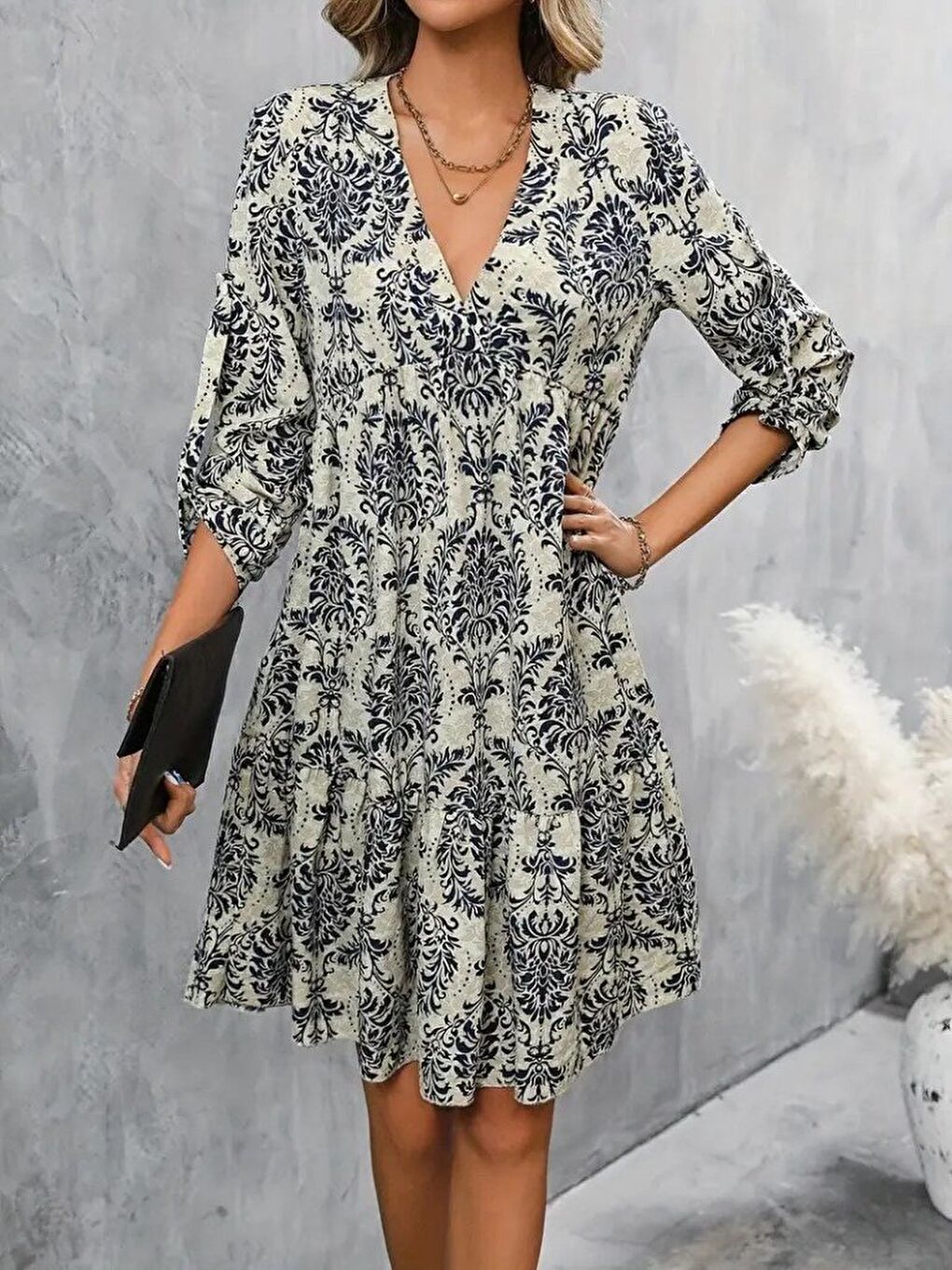 Lacivert Kadın Uzun Kollu V Yakalı Fırfırlı Mini Süprem Elbise-2