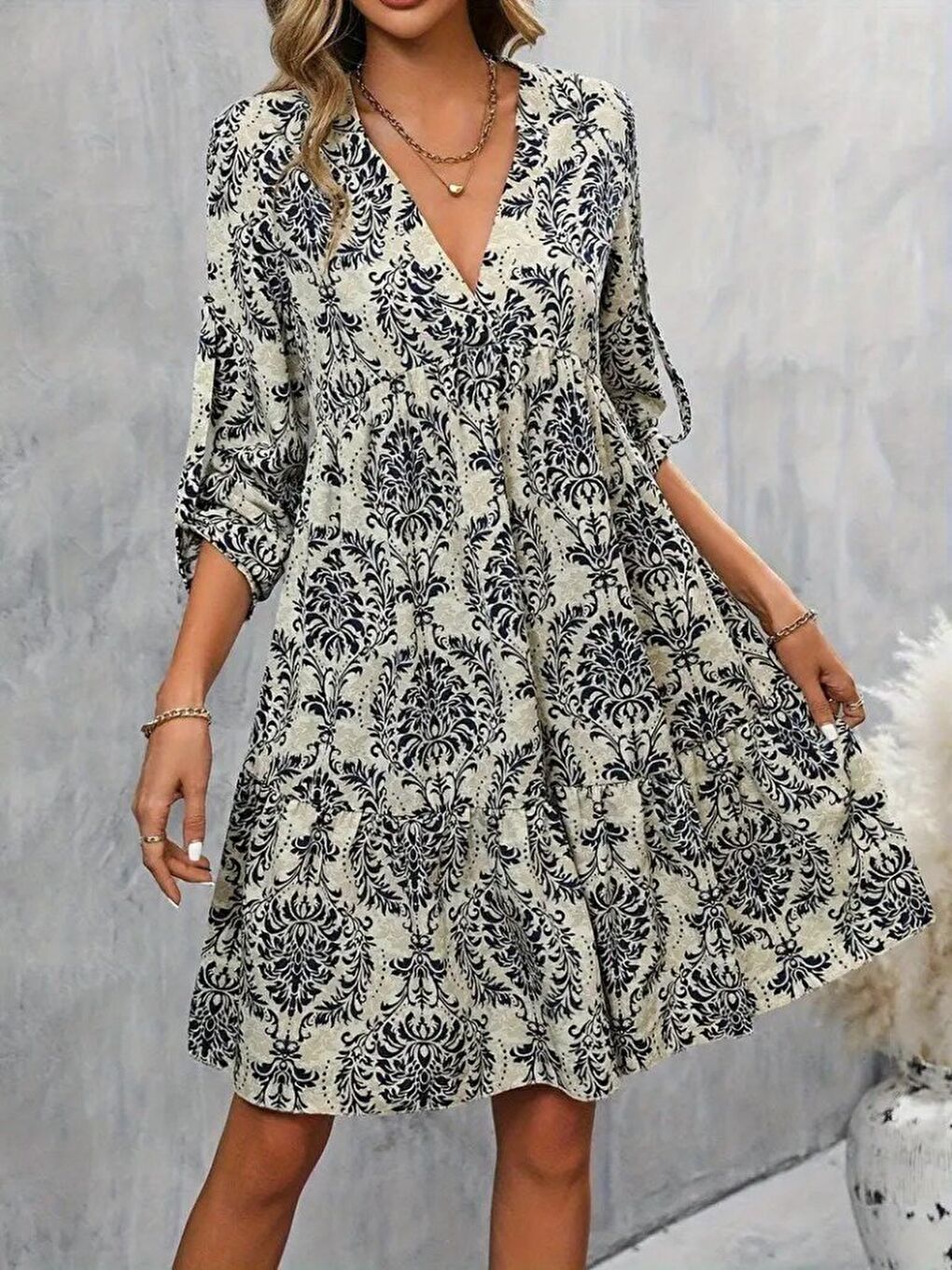 Lacivert Kadın Uzun Kollu V Yakalı Fırfırlı Mini Süprem Elbise-3