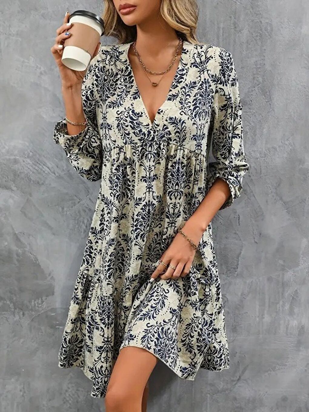 Lacivert Kadın Uzun Kollu V Yakalı Fırfırlı Mini Süprem Elbise-4