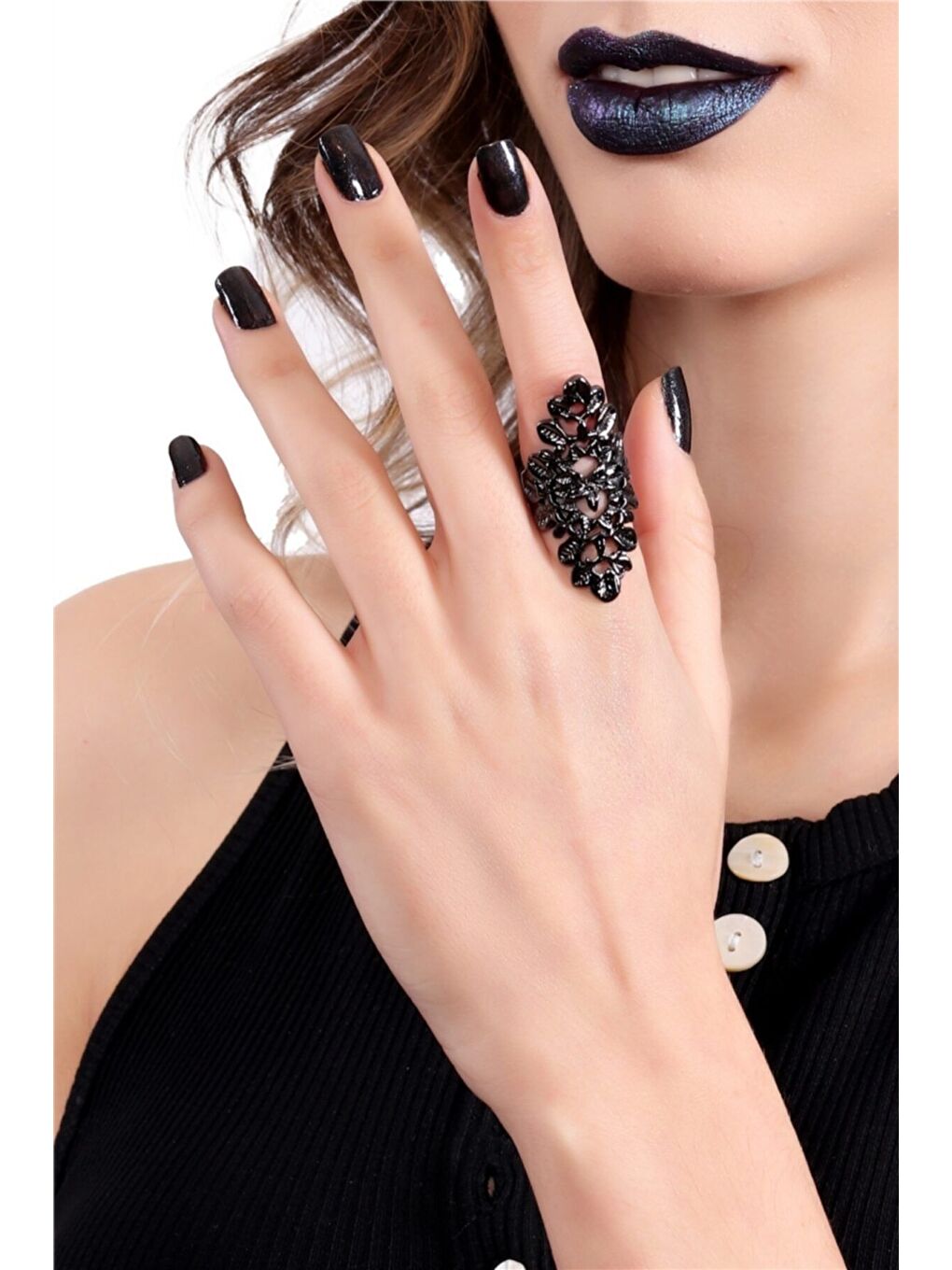 Kadın Antrasit Lak Kaplama Ayarlanabilir Çiçek Stilizesi Yüzük-3