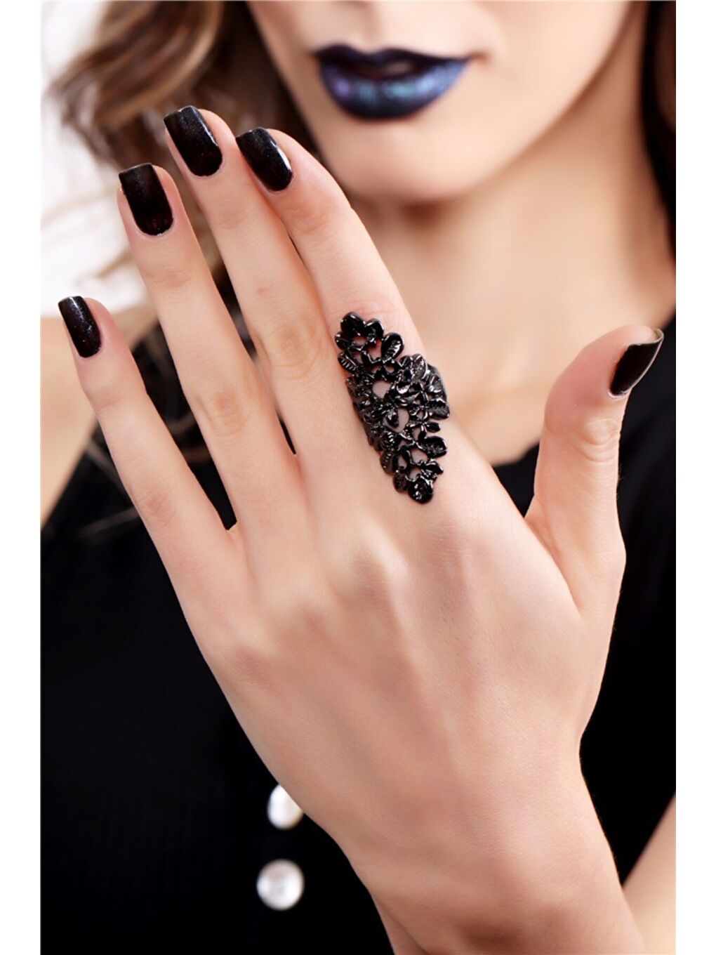 Kadın Antrasit Lak Kaplama Ayarlanabilir Çiçek Stilizesi Yüzük-2
