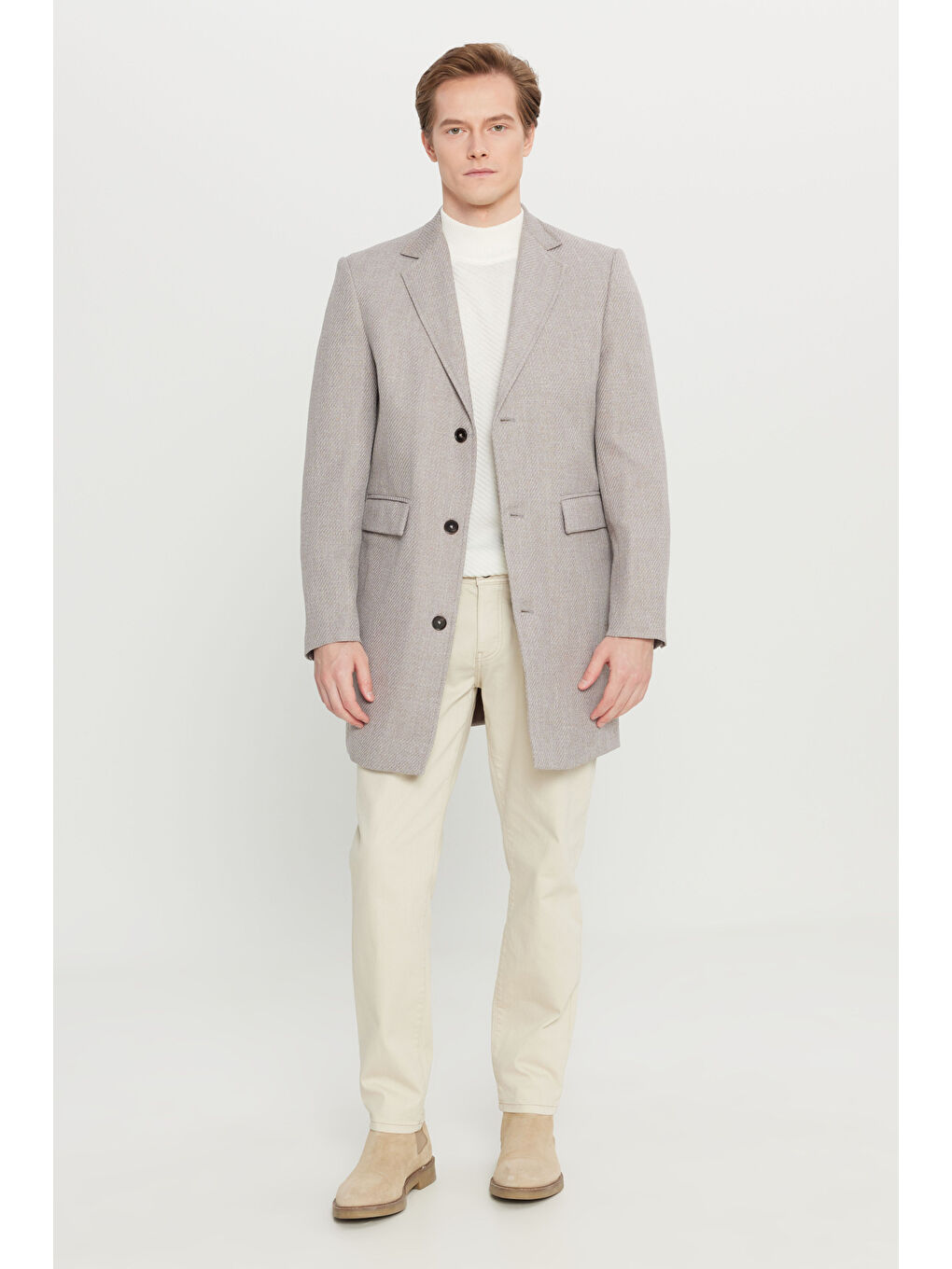 Erkek Bej Standart Fit Normal Kesim Mono Yaka Armürlü Kapak Cepli Palto-1