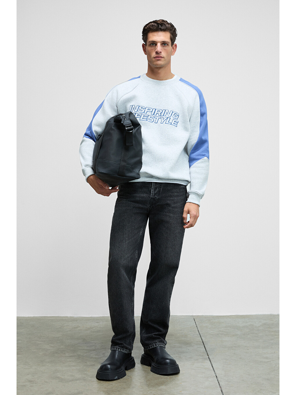 Hercules Erkek Bisiklet Yaka Önü Nakışlı Kolları Biyeli Gri Melanj Sweatshirt-3