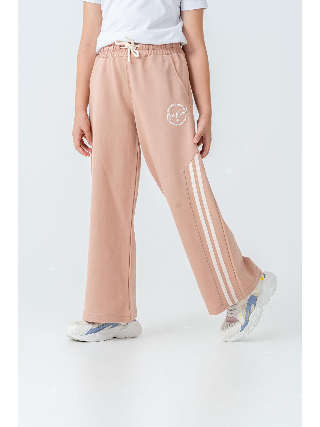 Pembe Yanlar Grogren Şeritli Bol Paça Önü Baskılı Kız Çocuk Eşofman Altı-2