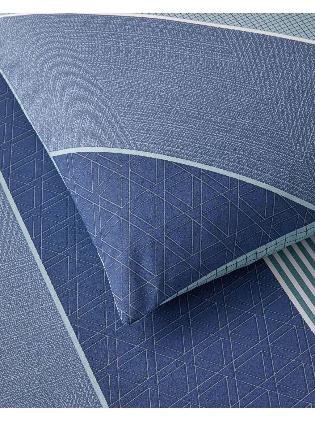 Parallel Patch Kolay Ütülenir Tek Kişilik Nevresim Takımı 160x220 cm Koyu Mavi-Seledon-4