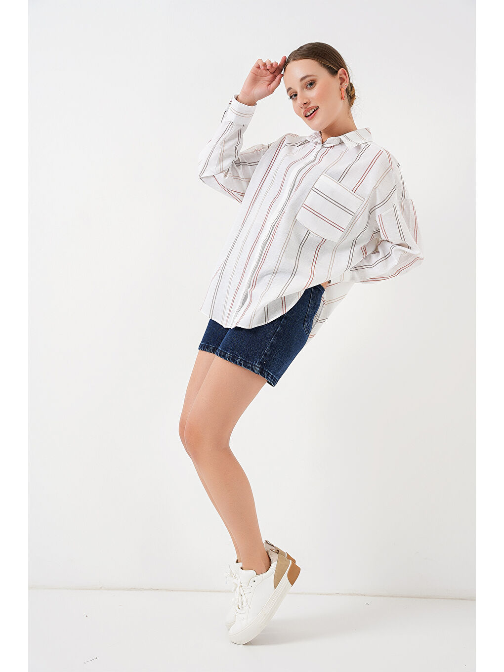 Kadın Çizgili Oversize Gömlek 20278 - B.Beyaz-1