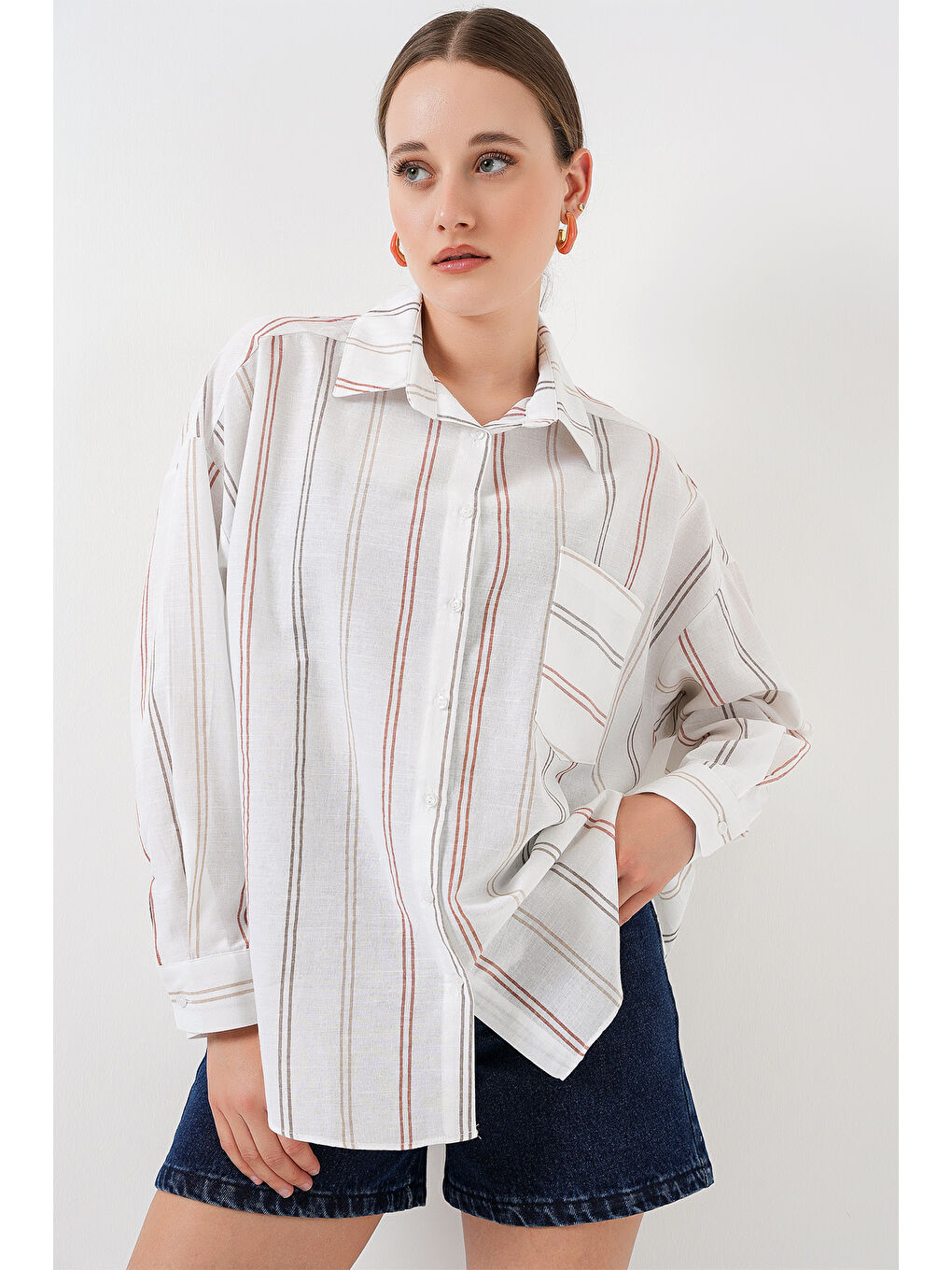 Kadın Çizgili Oversize Gömlek 20278 - B.Beyaz-2