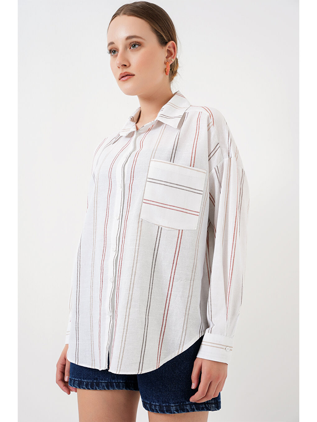 Kadın Çizgili Oversize Gömlek 20278 - B.Beyaz-3