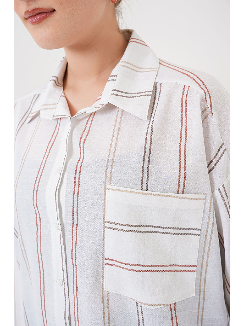 Kadın Çizgili Oversize Gömlek 20278 - B.Beyaz-4