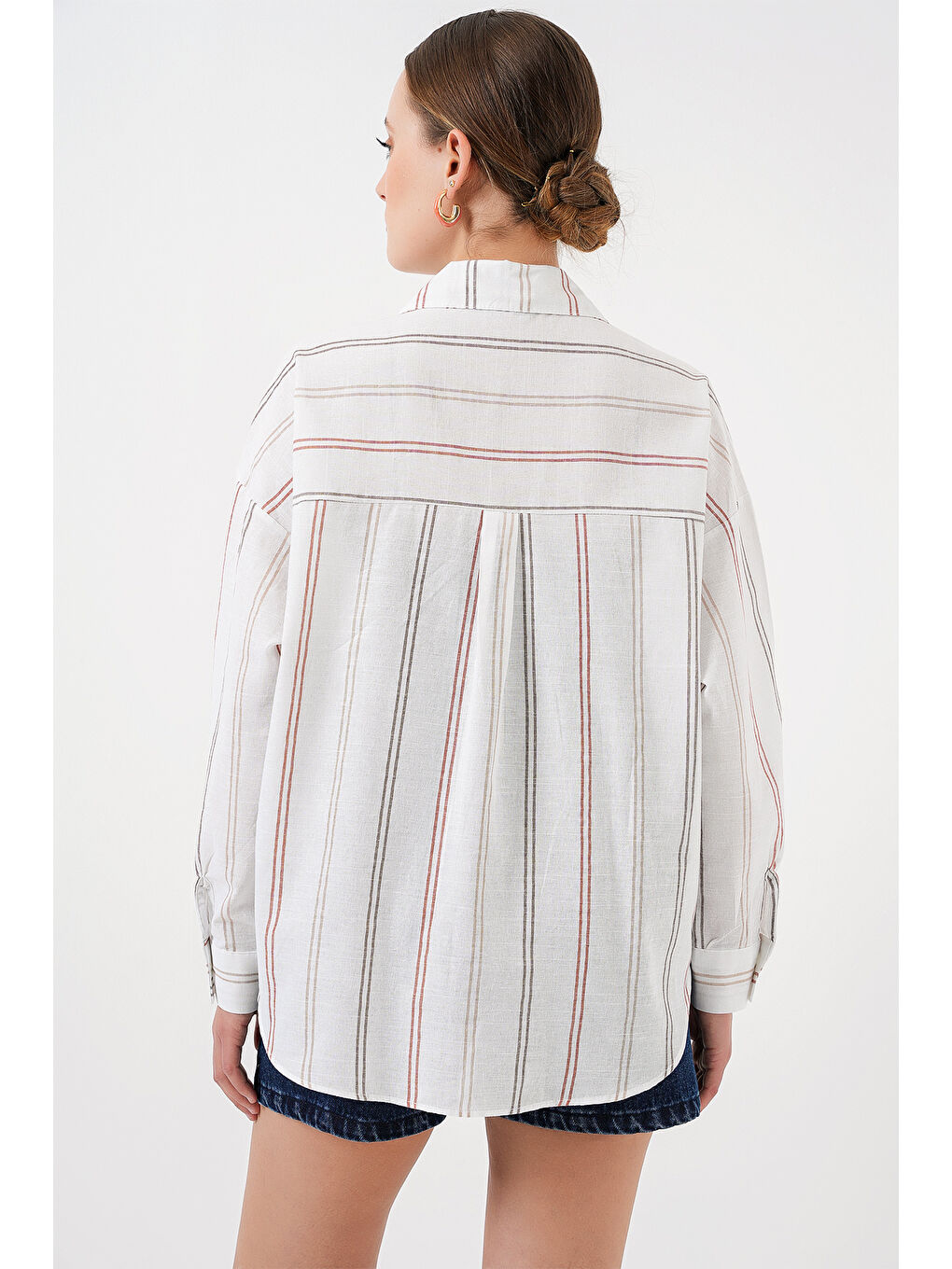 Kadın Çizgili Oversize Gömlek 20278 - B.Beyaz-5