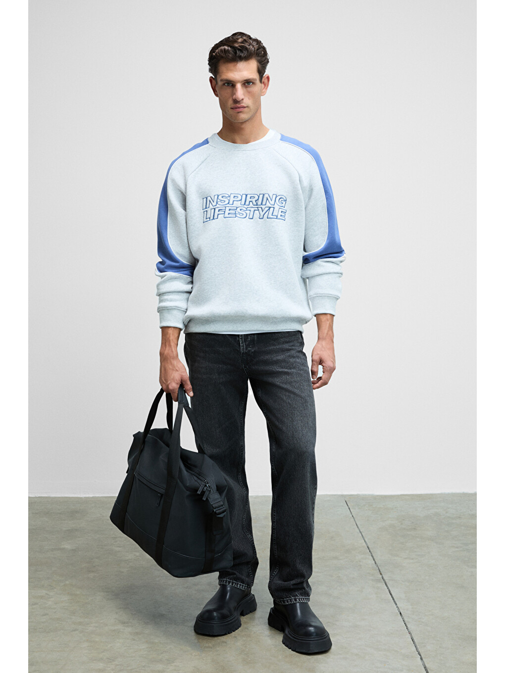 Hercules Erkek Bisiklet Yaka Önü Nakışlı Kolları Biyeli Gri Melanj Sweatshirt-4