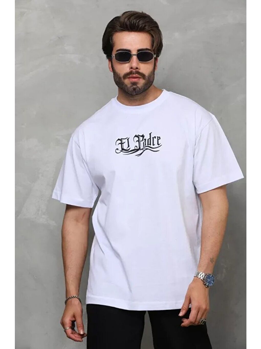 Unisex Bisiklet Yaka Baskılı Oversize T-Shirt - Beyaz-1