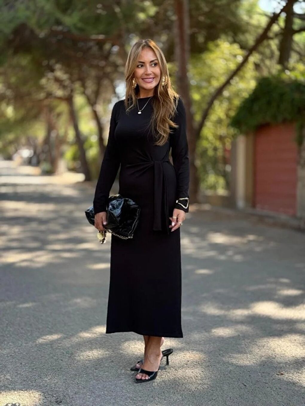 Siyah Kadın Uzun Kollu Bisiklet Yaka Yandan Bağlamalı Uzun Modal Elbise