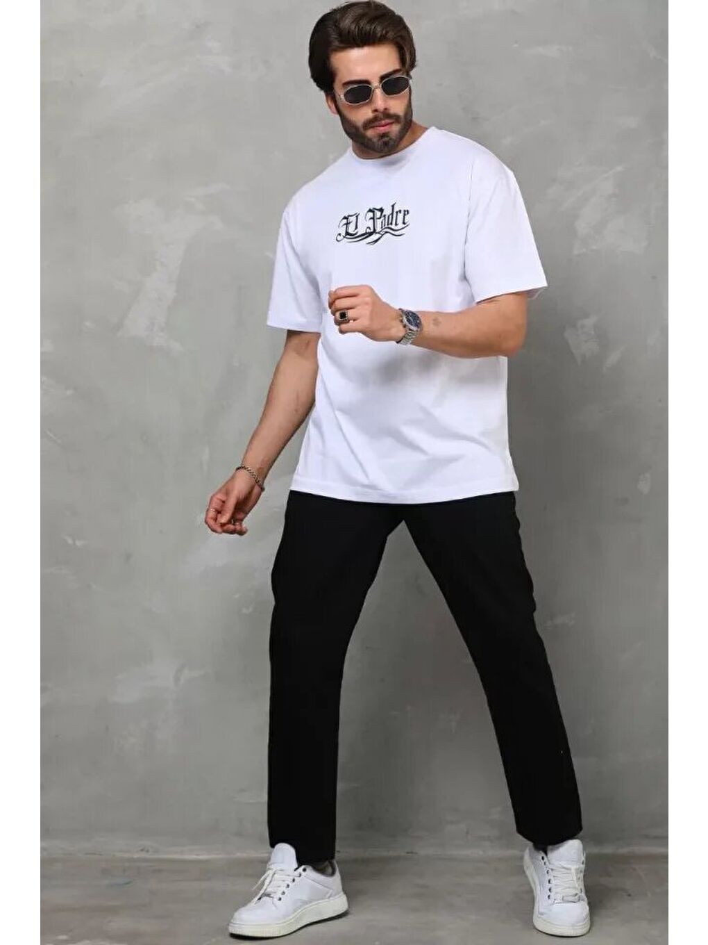 Unisex Bisiklet Yaka Baskılı Oversize T-Shirt - Beyaz-3