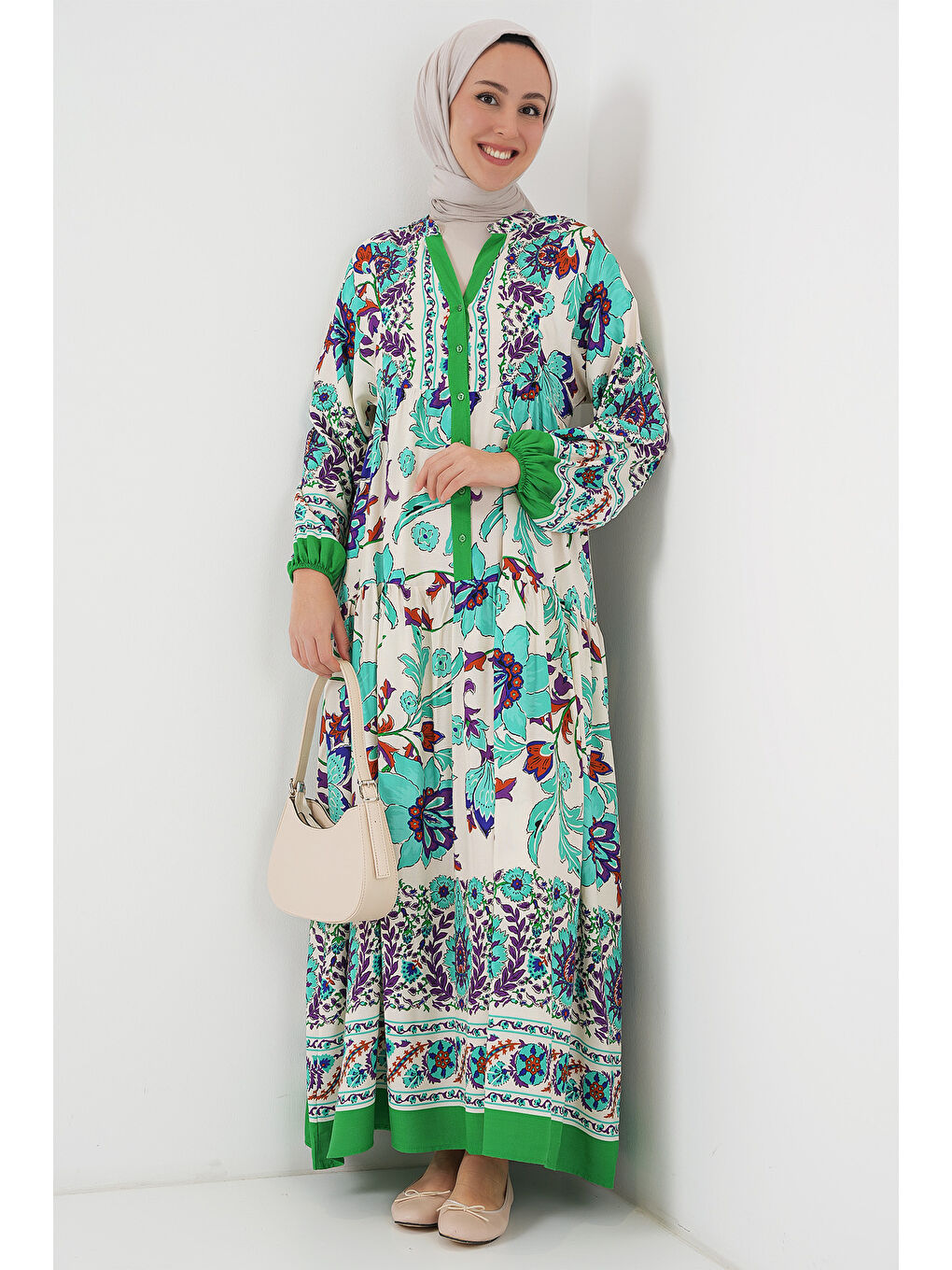 2423 Otantik Desenli Tesettür Elbise - Yeşil 1-1