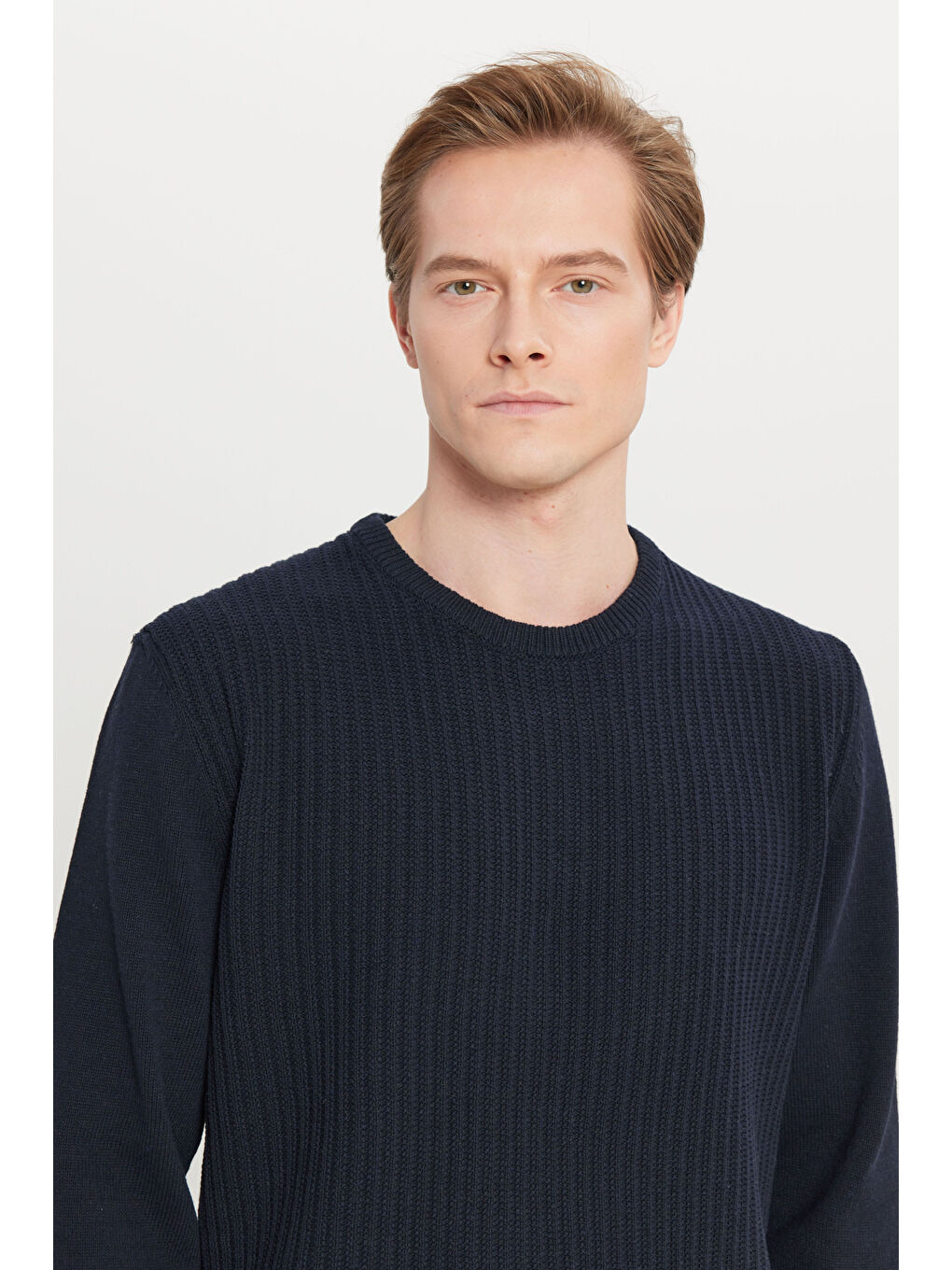 Erkek Lacivert Pamuklu Standart Fit Normal Kesim Bisiklet Yaka Jakarlı Triko Kazak-3