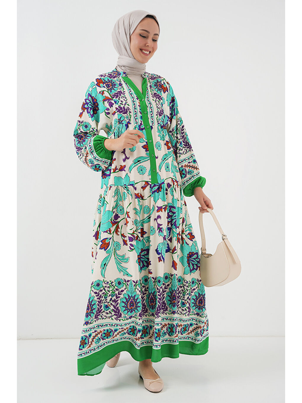 2423 Otantik Desenli Tesettür Elbise - Yeşil 1-2